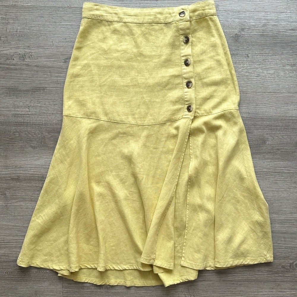Free People Yellow picnic Midi Skirt with Button Accents linen blend Sz 4